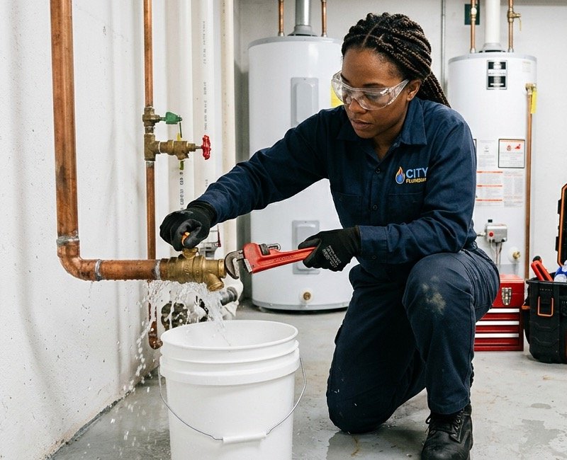 Plumbing service technician and diagnostic tools ready for residential service in Fort Wayne