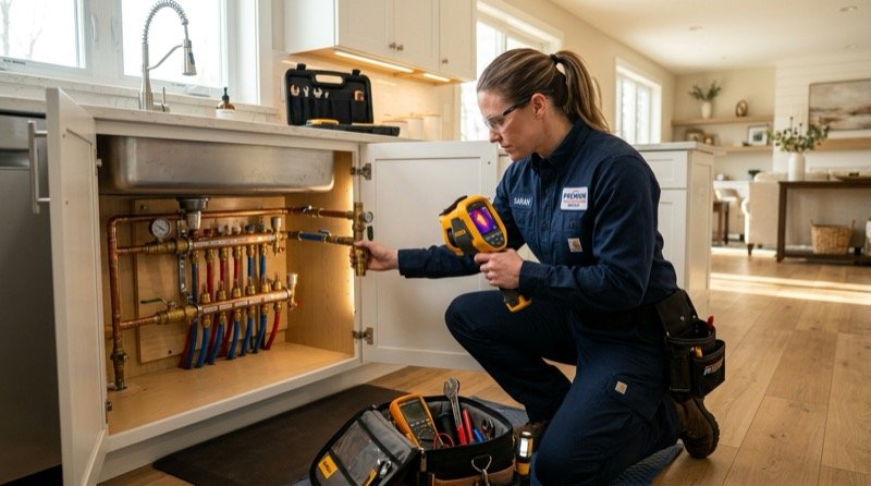 Professional plumbing technician diagnosing residential manifold and piping in Fort Wayne, Indiana